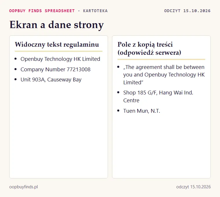 Porównanie: tekst widoczny na stronie regulaminu (Causeway Bay) i pole z kopią treści w odpowiedzi serwera (Shop 185, Tuen Mun)
