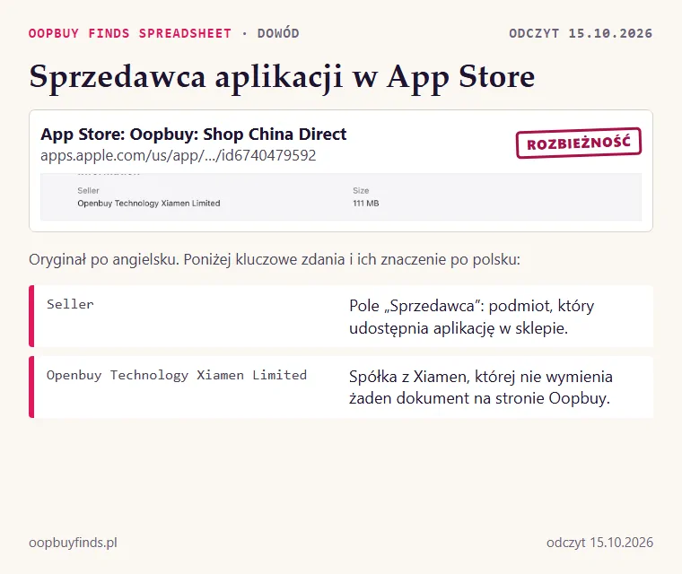 Zrzut sekcji Information karty aplikacji Oopbuy w App Store z polem Seller: Openbuy Technology Xiamen Limited