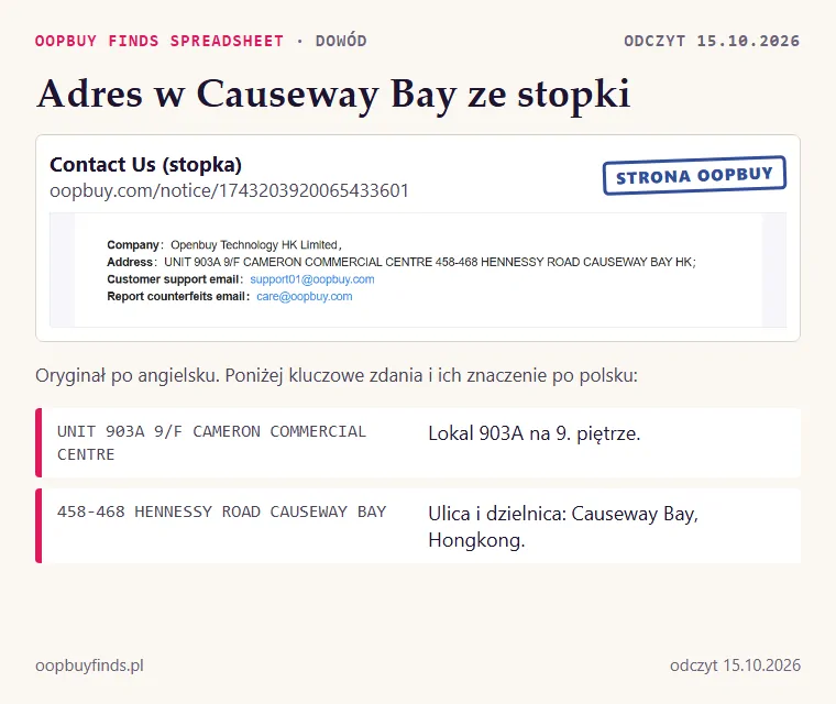 Zrzut strony Contact Us ze stopki: Openbuy Technology HK Limited i adres w Causeway Bay