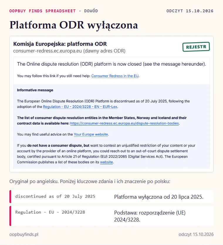 Zrzut strony Komisji Europejskiej: platforma ODR wyłączona 20 lipca 2025, odesłanie do Consumer Redress in the EU