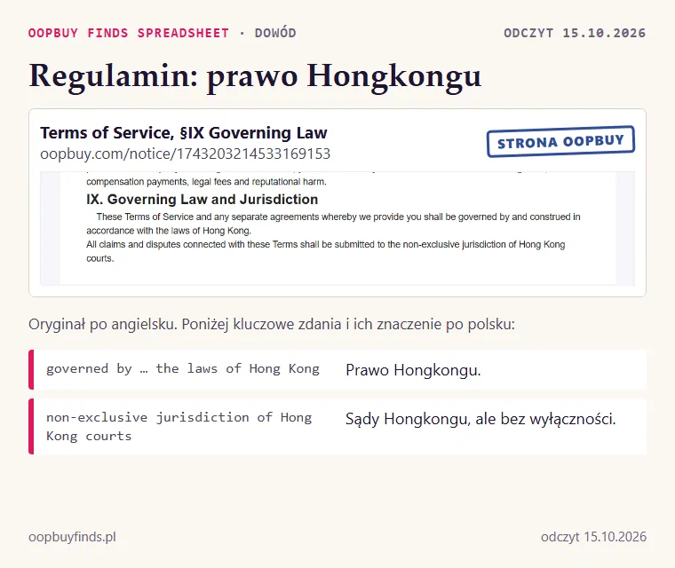 Zrzut paragrafu IX regulaminu Oopbuy: prawo Hongkongu, niewyłączna jurysdykcja sądów Hongkongu